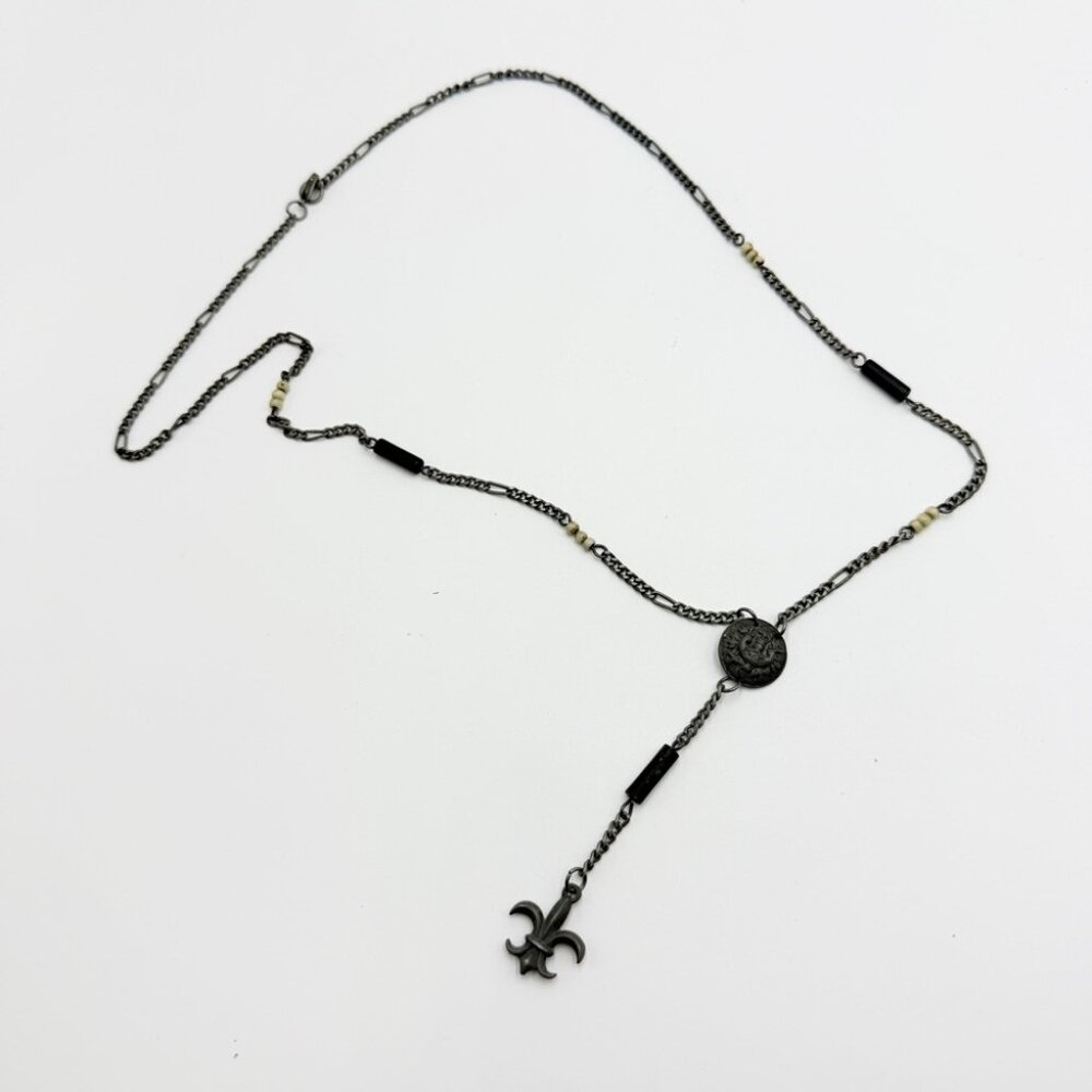 Vintage Fleur-de-Lis Y Necklace Gunmetal Chain Pendant Necklace - Picture 3 of 8